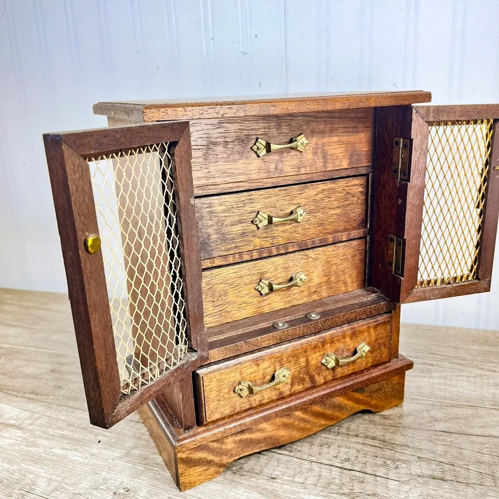 Vintage‎ Wood Musical Jewelry Box Armoire Cabinet Mesh Doors Brown Gold Hardware